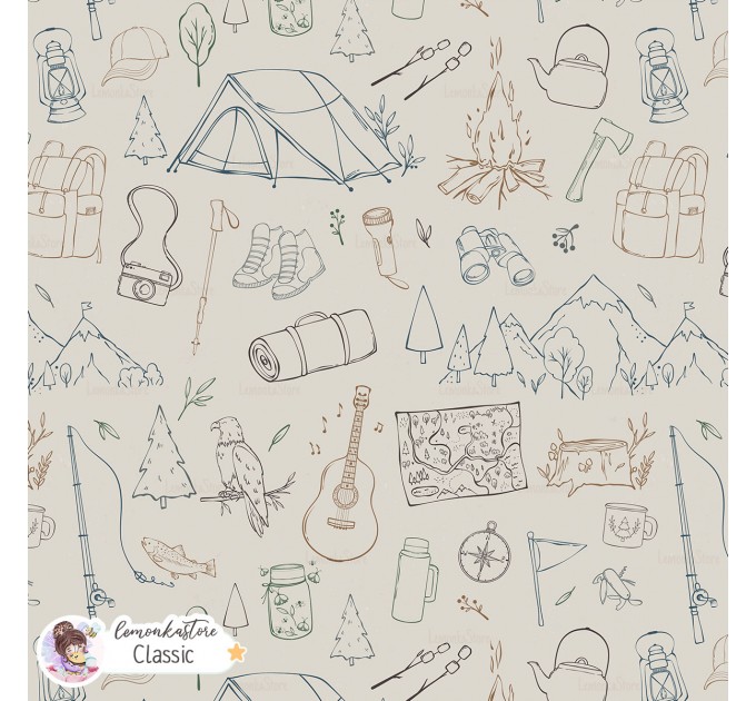 Camping Lineart exclusive seamless pattern - Classic