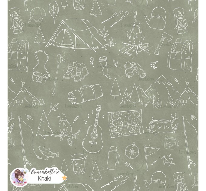 Camping Lineart exclusive seamless pattern - Khaki