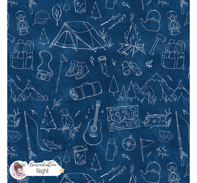 Camping Lineart exclusive seamless pattern - Night