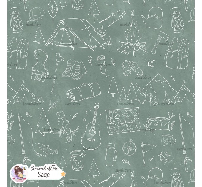 Camping Lineart exclusive seamless pattern - Sage