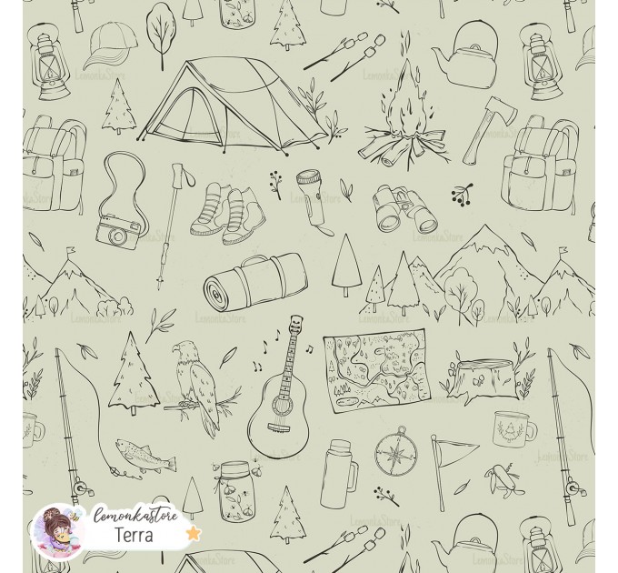 Camping Lineart exclusive seamless pattern - Terra