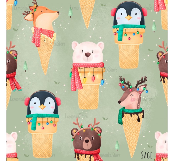 Christmas Cuties exclusive seamless pattern - Sage