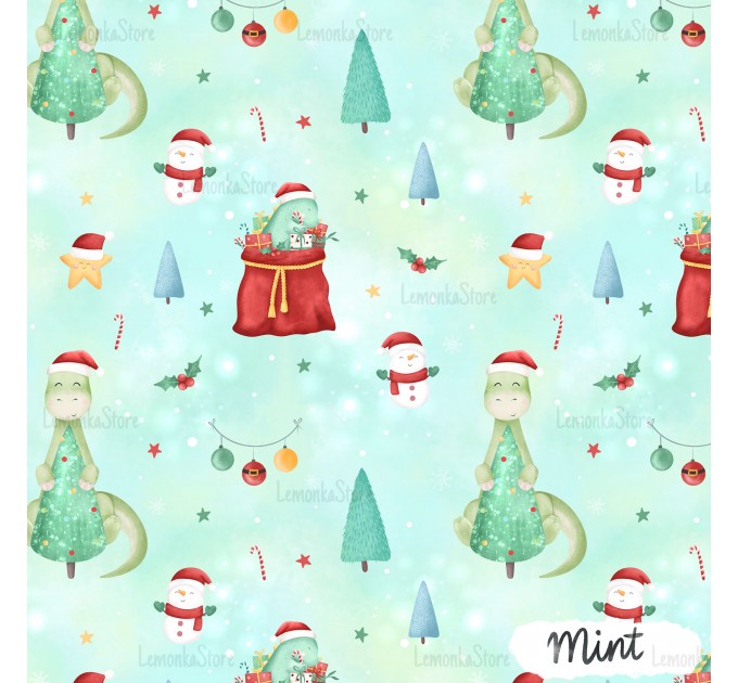 Christmas Dino exclusive seamless pattern - Mint