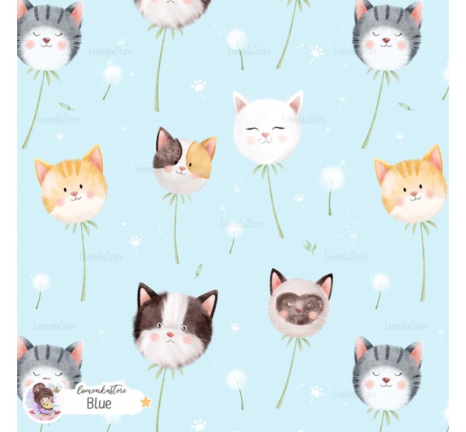 Dandelion Kitty exclusive seamless pattern - Blue