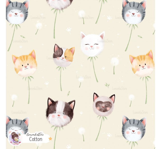 Dandelion Kitty exclusive seamless pattern - Cotton