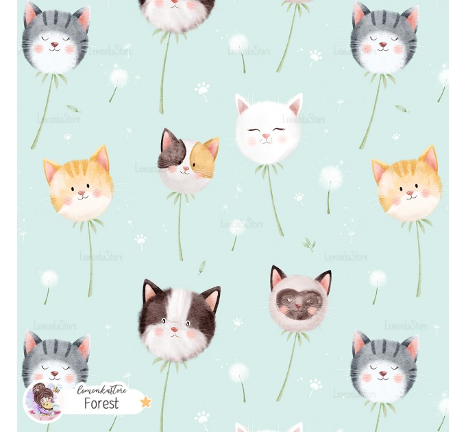 Dandelion Kitty exclusive seamless pattern - Forest