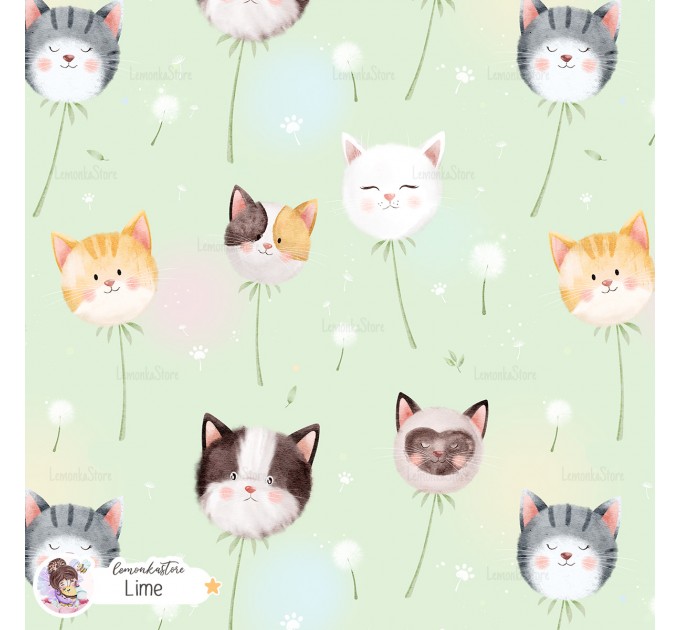 Dandelion Kitty exclusive seamless pattern - Lime