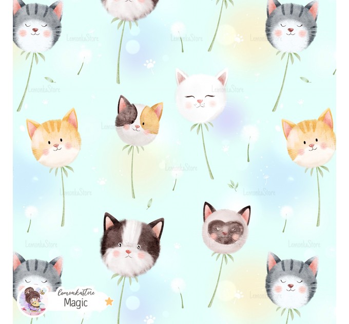 Dandelion Kitty exclusive seamless pattern - Magic