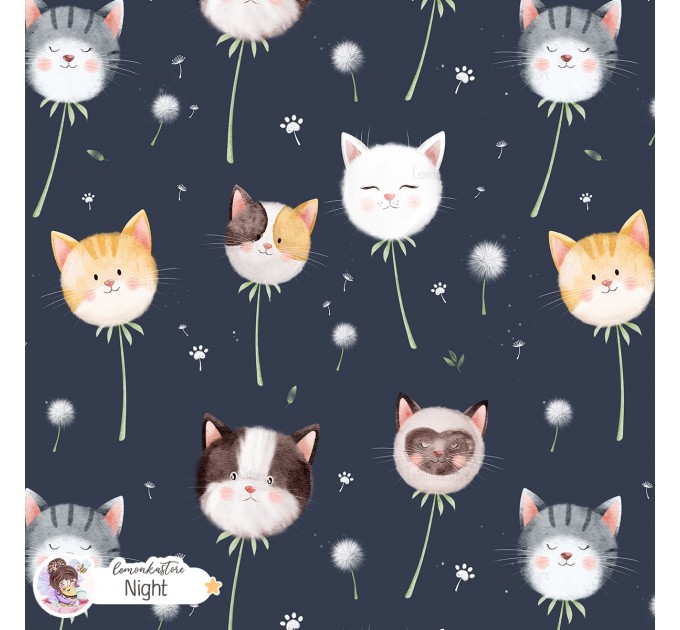 Dandelion Kitty exclusive seamless pattern - Night