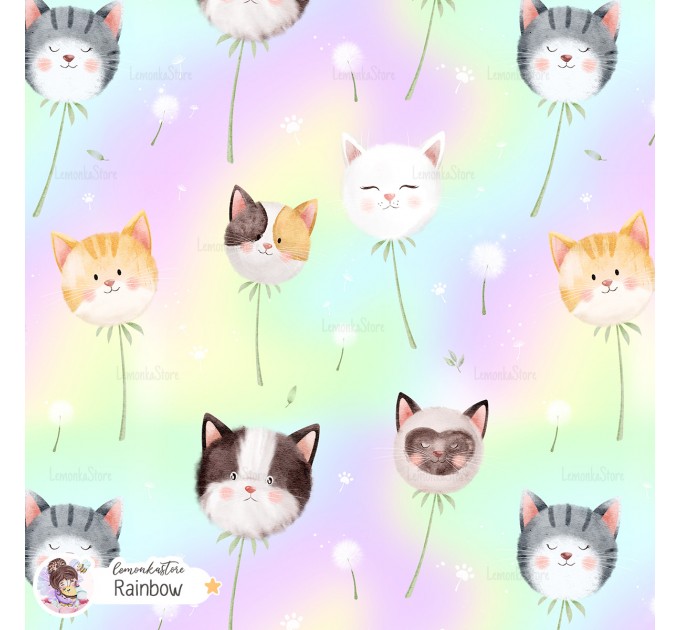 Dandelion Kitty exclusive seamless pattern - Rainbow