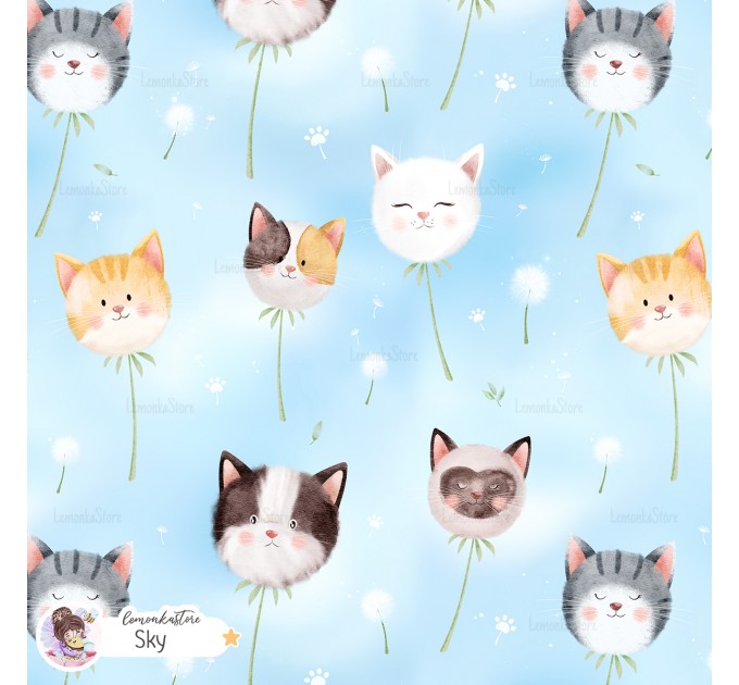 Dandelion Kitty exclusive seamless pattern - Sky