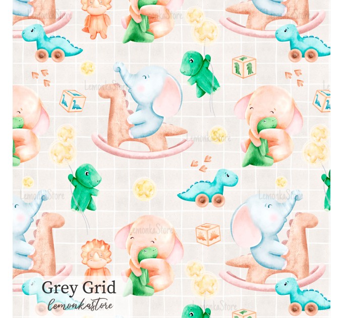 Elephants and dino toy exclusive seamless pattern - Grey Grid