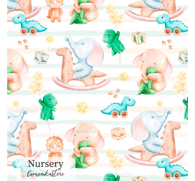 Elephants and dino toy exclusive seamless pattern - Nursery