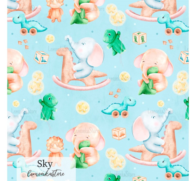 Elephants and dino toy exclusive seamless pattern - Sky