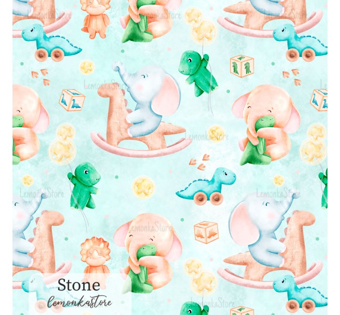 Elephants and dino toy exclusive seamless pattern - Stone