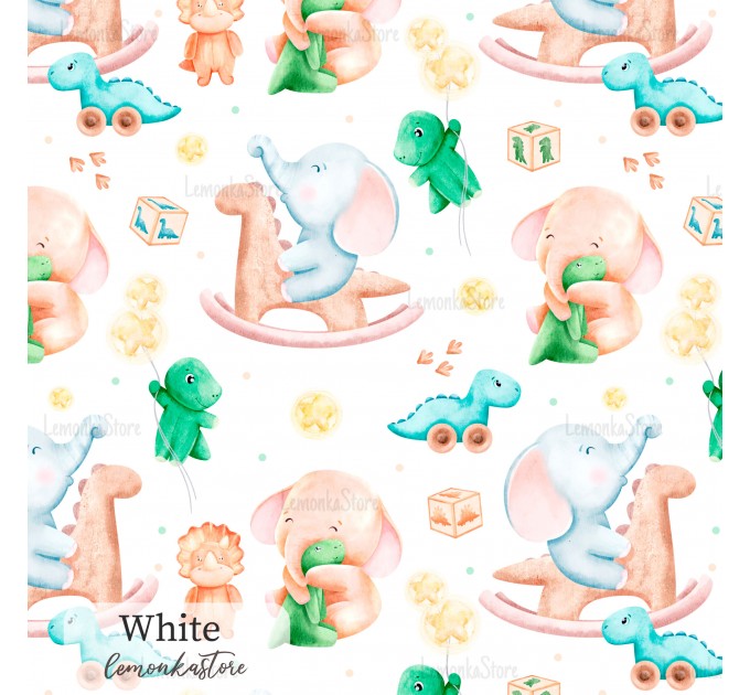 Elephants and dino toy exclusive seamless pattern - White