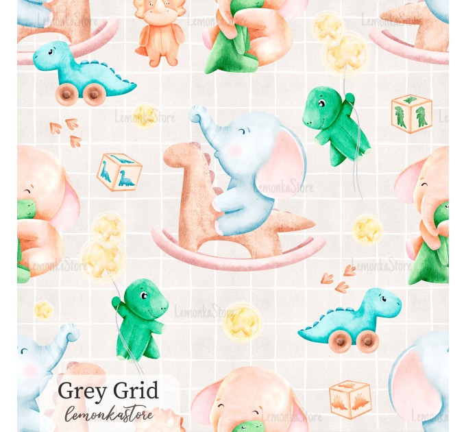 Elephants and dino toy exclusive seamless pattern - Grey Grid