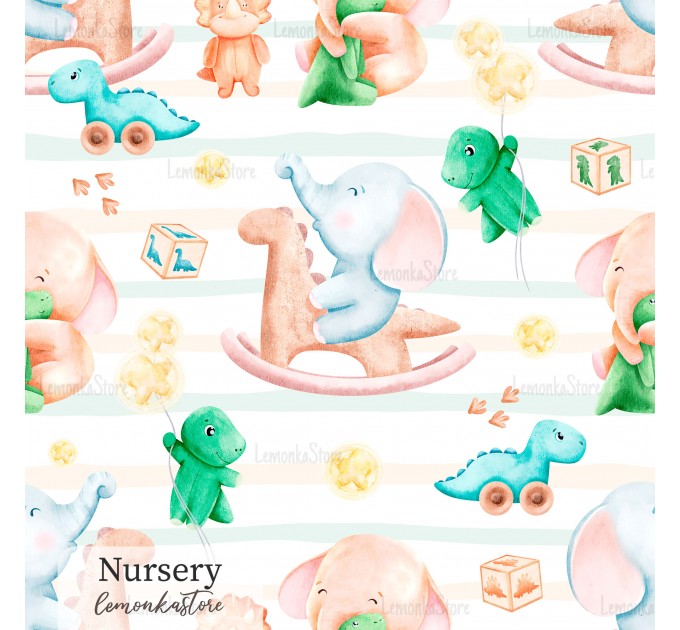 Elephants and dino toy exclusive seamless pattern - Nursery