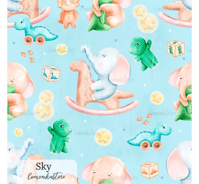 Elephants and dino toy exclusive seamless pattern - Sky