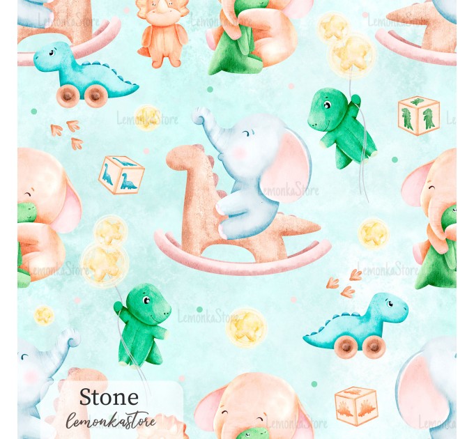 Elephants and dino toy exclusive seamless pattern - Stone