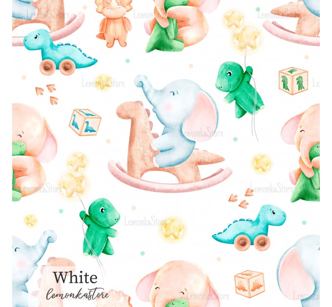 Elephants and dino toy exclusive seamless pattern - White