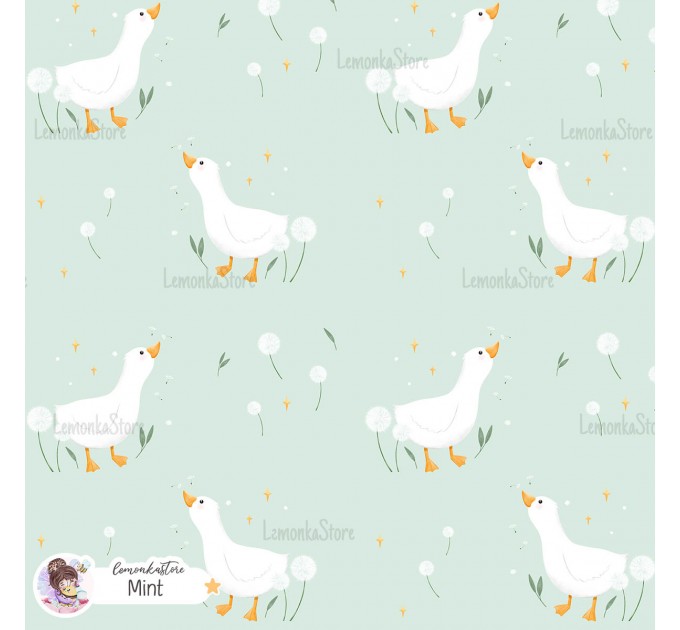 Goose and Dandelions exclusive seamless pattern - Mint