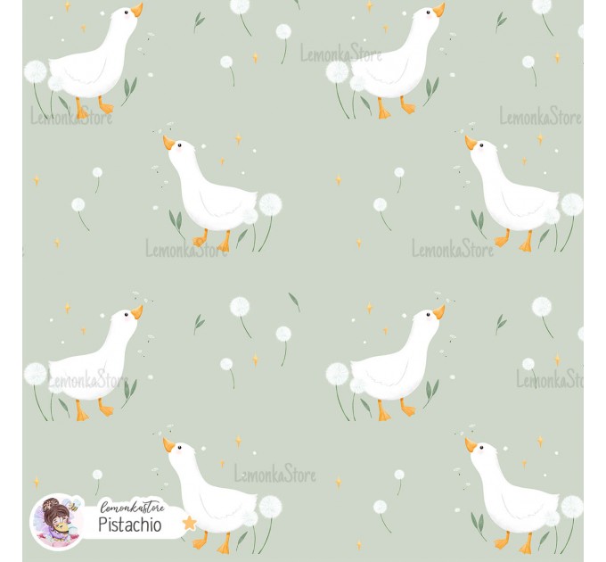 Goose and Dandelions exclusive seamless pattern - Pistachio