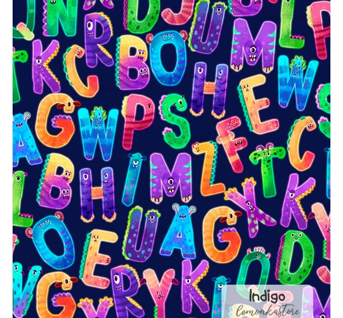 Halloween Alphabet Monsters exclusive seamless pattern - Indigo