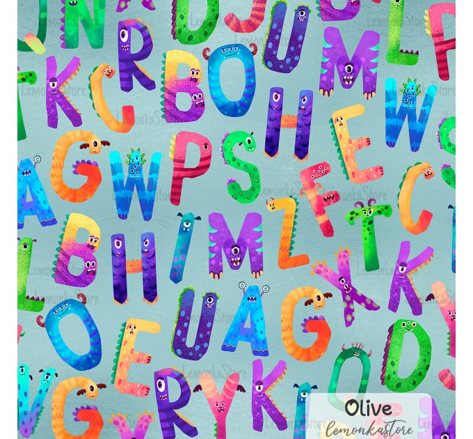 Halloween Alphabet Monsters exclusive seamless pattern - Olive