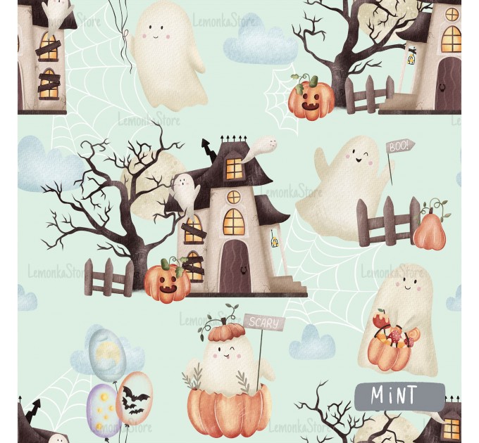 Halloween Ghosts exclusive seamless pattern - Mint