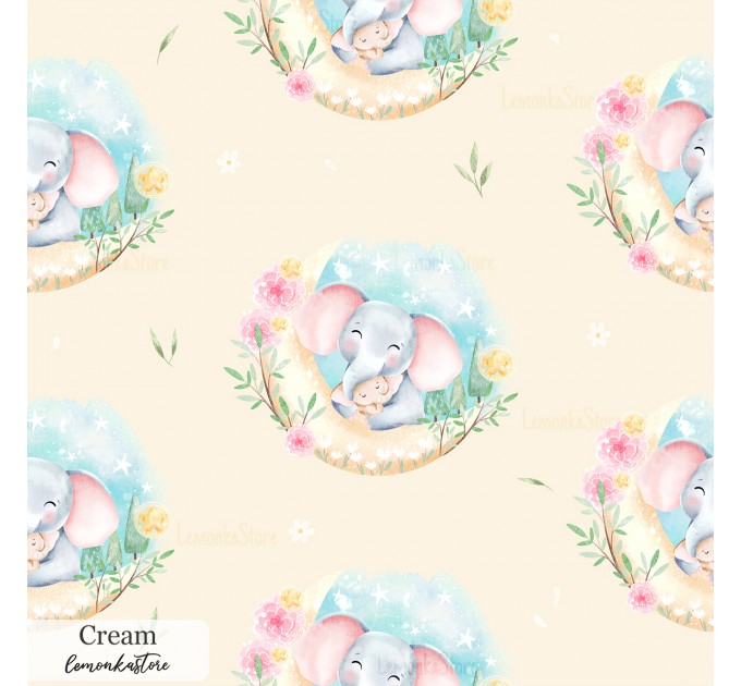 Mama and baby elephants exclusive seamless pattern - Cream