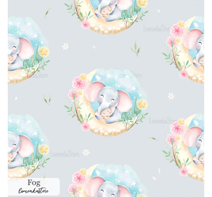 Mama and baby elephants exclusive seamless pattern - Fog