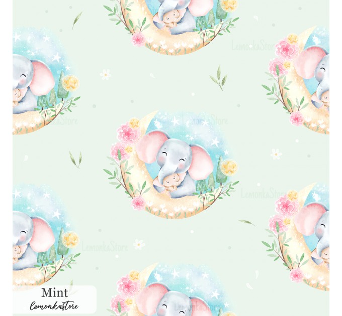 Mama and baby elephants exclusive seamless pattern - Mint