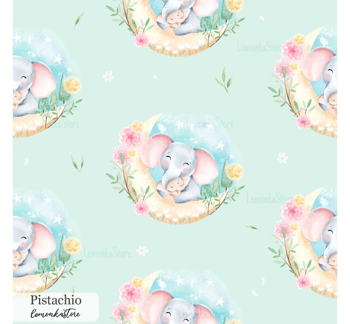 Mama and baby elephants exclusive seamless pattern - Pistachio