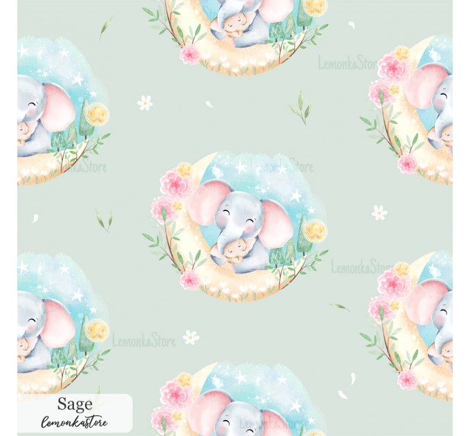 Mama and baby elephants exclusive seamless pattern - Sage