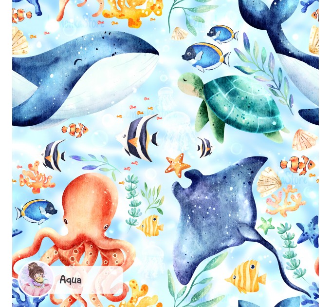 Ocean Story exclusive seamless pattern  - Aqua