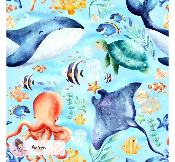 Ocean Story exclusive seamless pattern  - Azure