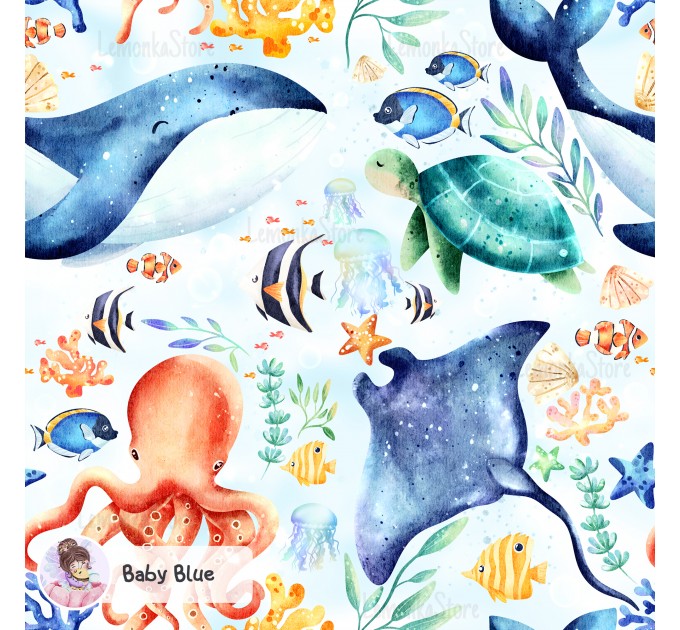 Ocean Story exclusive seamless pattern  - Baby blue