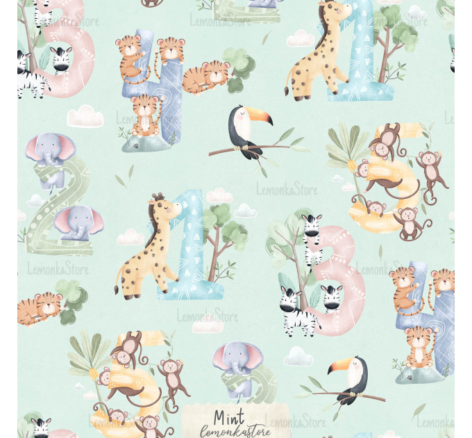 Safari Animals Numbers exclusive seamless pattern - Mint