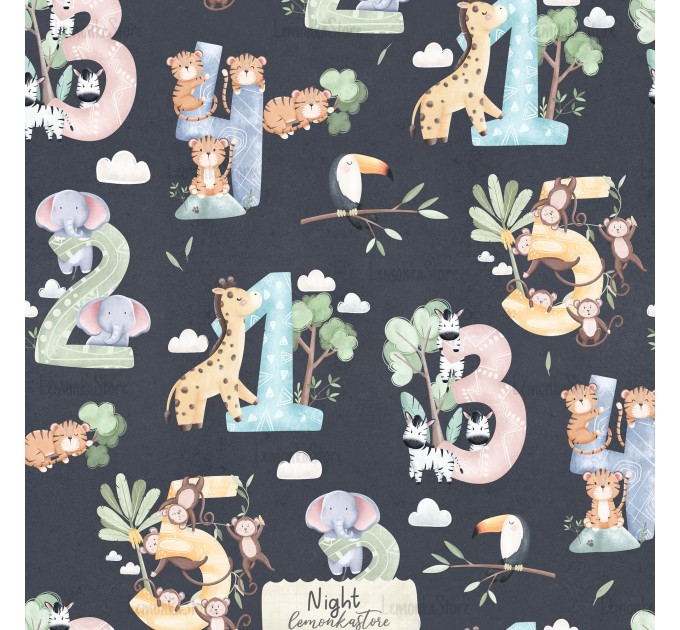 Safari Animals Numbers exclusive seamless pattern - Night