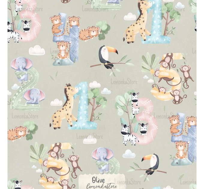 Safari Animals Numbers exclusive seamless pattern - Olive