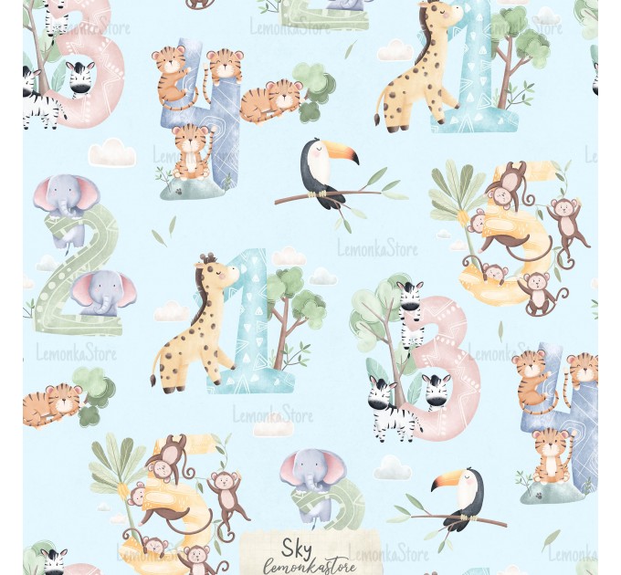 Safari Animals Numbers exclusive seamless pattern - Sky