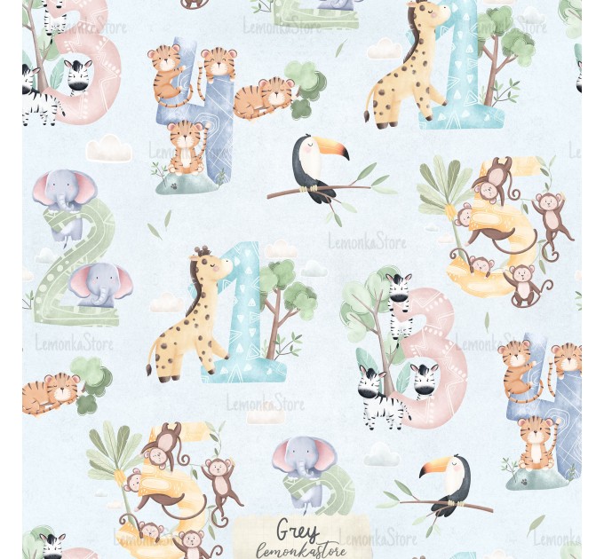 Safari Animals Numbers exclusive seamless pattern - Grey