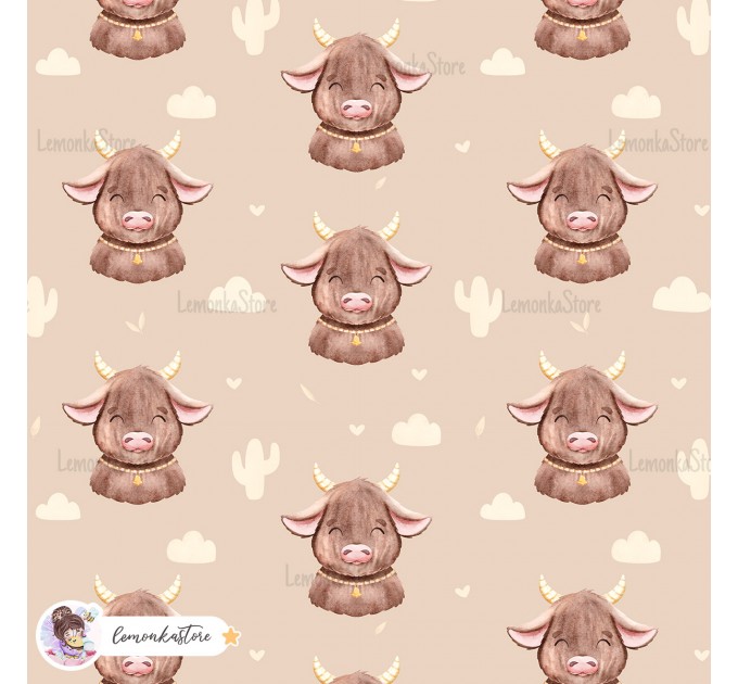 Highland Baby Cow seamless pattern - Brown