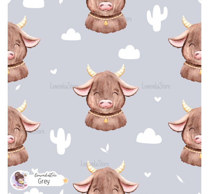 Highland Baby Cow seamless pattern - Grey