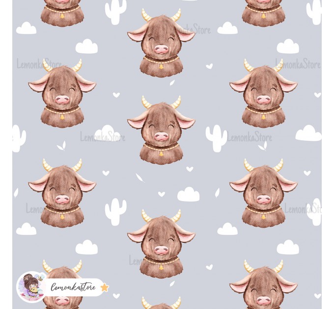 Highland Baby Cow seamless pattern - Grey