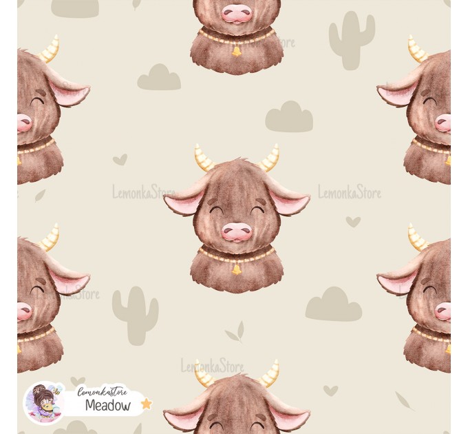 Highland Baby Cow seamless pattern - Meadow