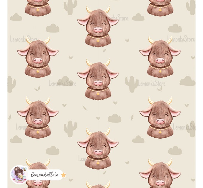 Highland Baby Cow seamless pattern - Meadow