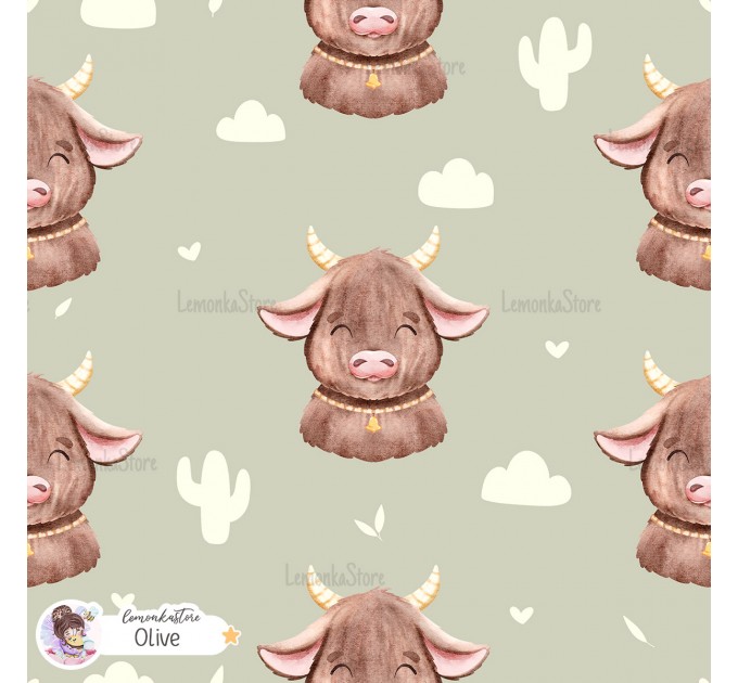 Highland Baby Cow seamless pattern - Olive