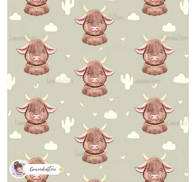 Highland Baby Cow seamless pattern - Olive